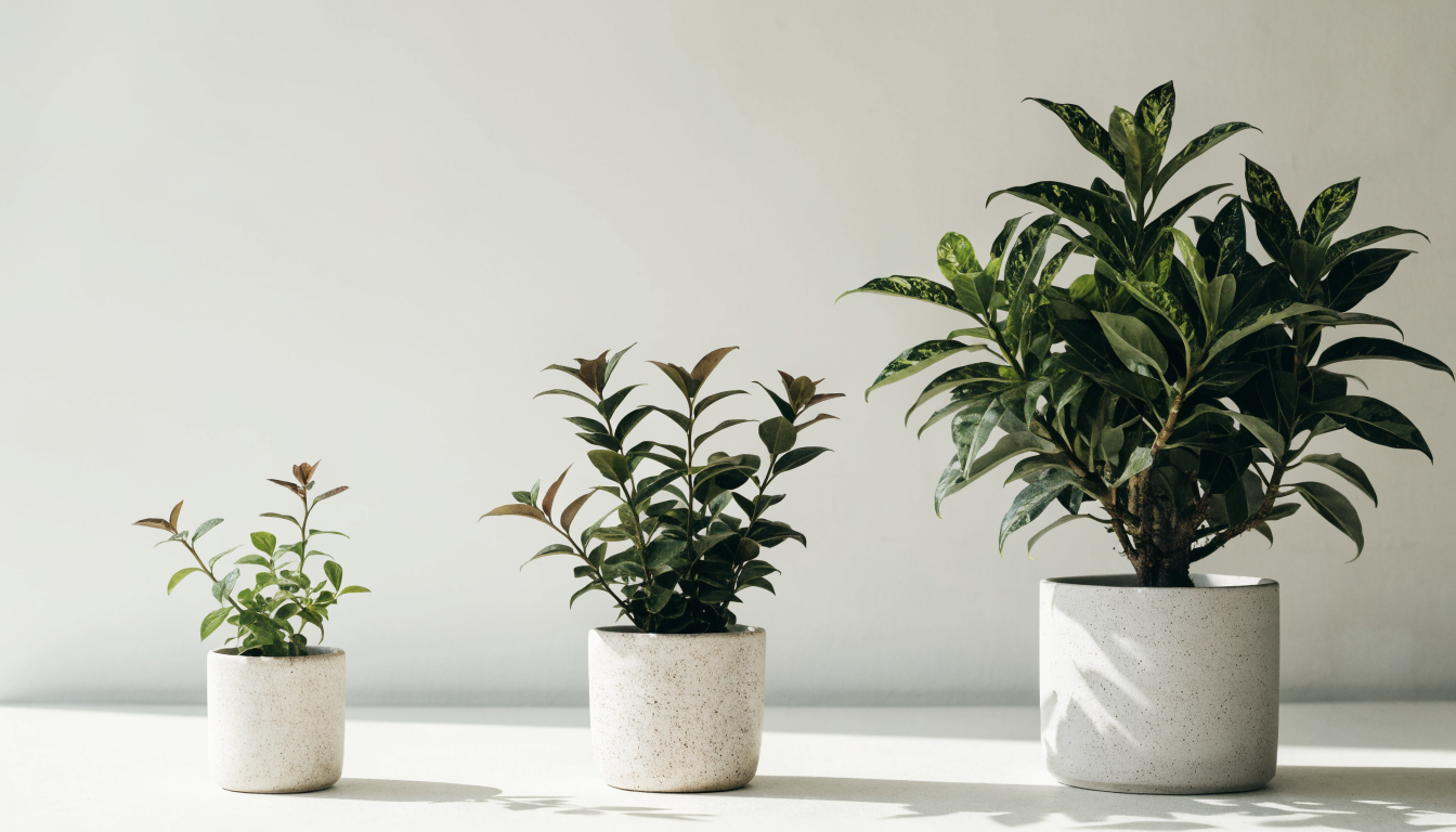 Trois pots de tailles croissantes alignés avec des plantes vertes