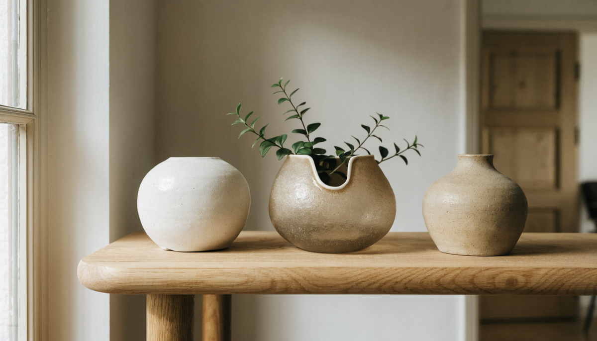 Cache-pots en céramique blanche et grès posés sur une étagère en bois clair Image