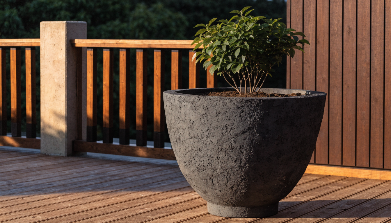 Grand pot de fleurs sur une terrasse avec un arbuste, vue de trois quarts Image