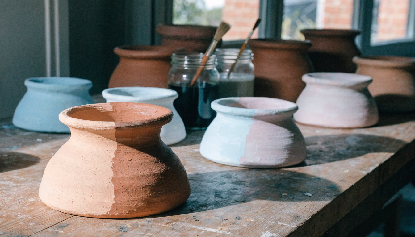 Pots en terre cuite en cours de peinture, pinceaux et pots de peinture autour Image