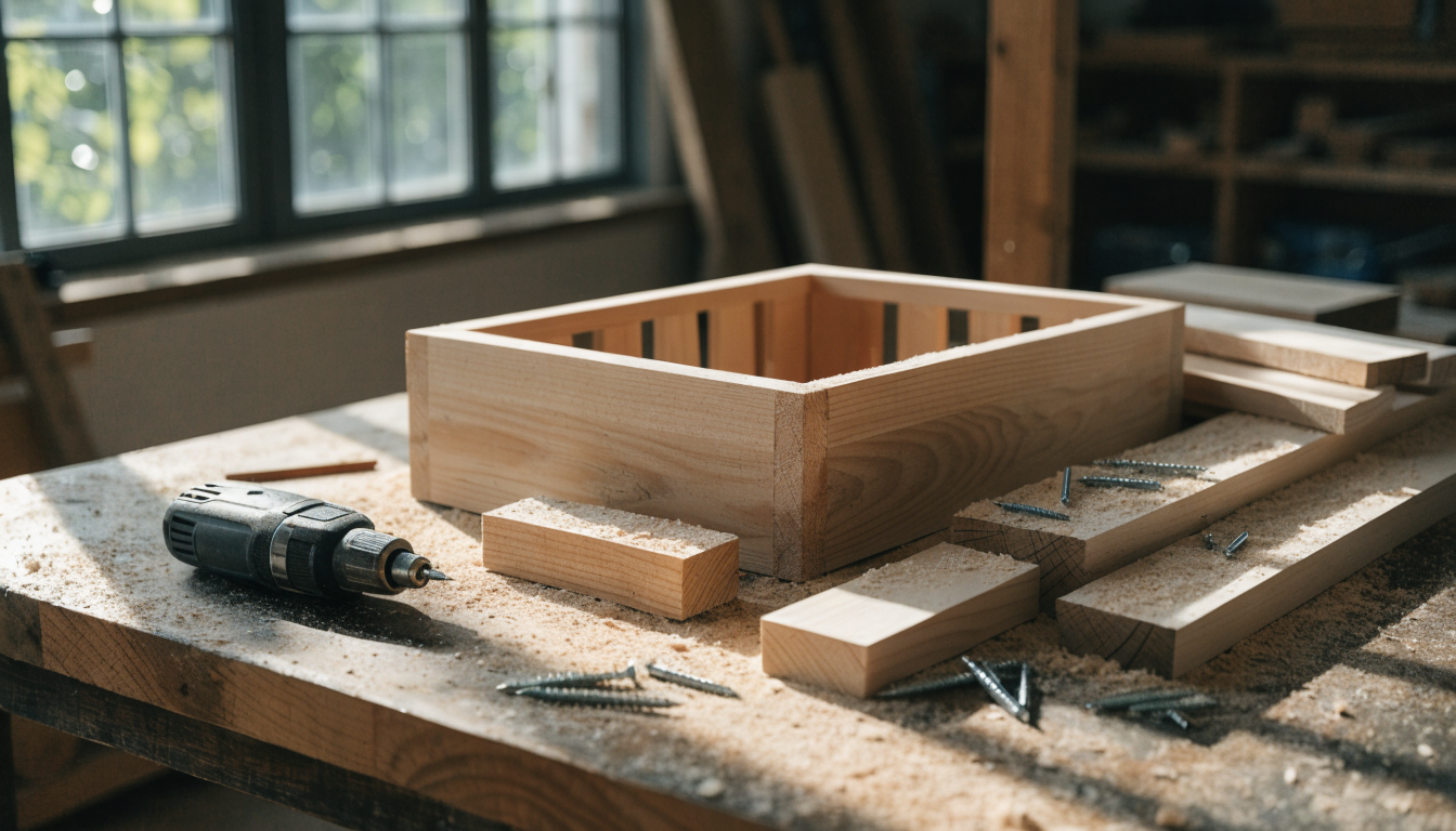 Jardinière en bois en cours d'assemblage avec des outils posés à côté
