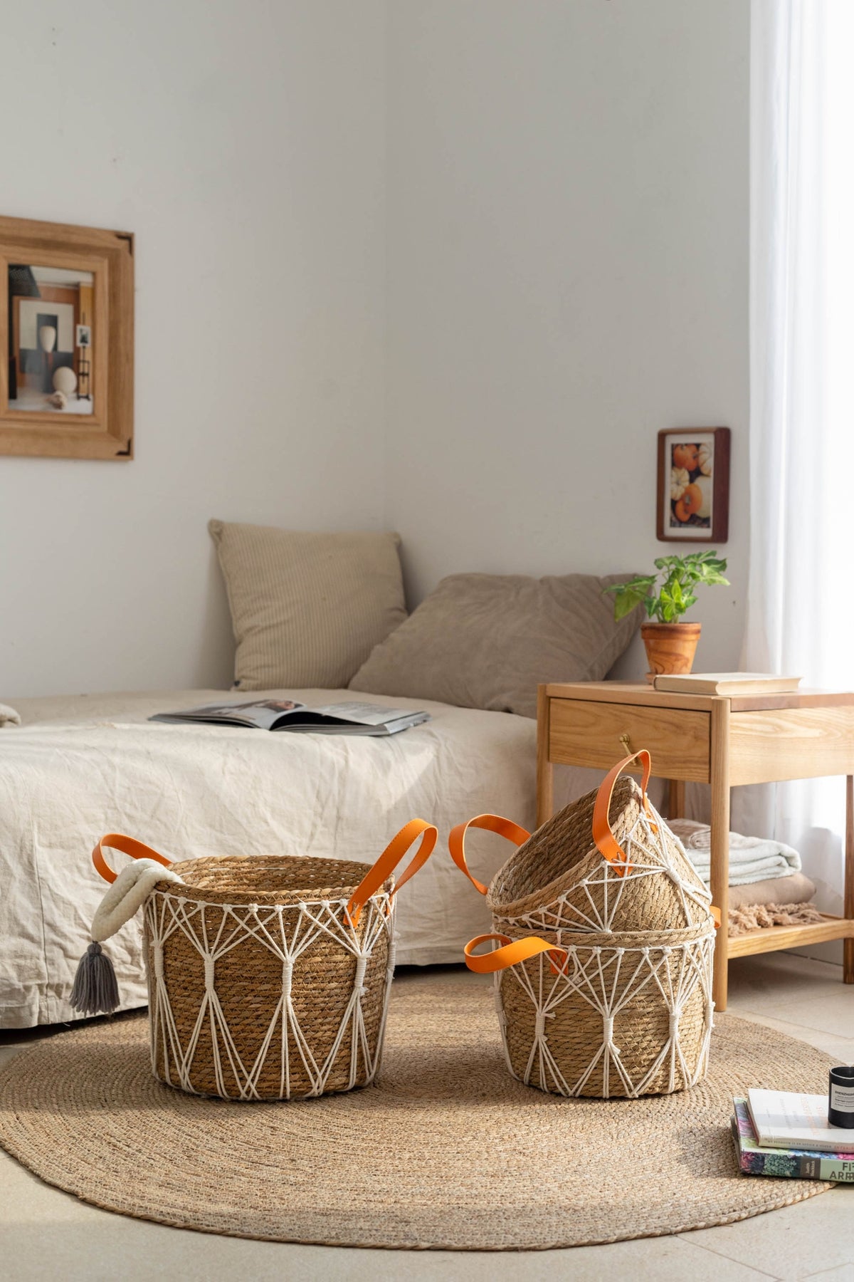 Cache-pot panier tressé à décor macramé Ø 25 cm, naturel