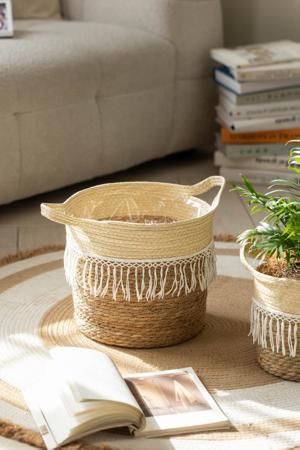 Cache-pot en osier tressé à franges macramé pour intérieur