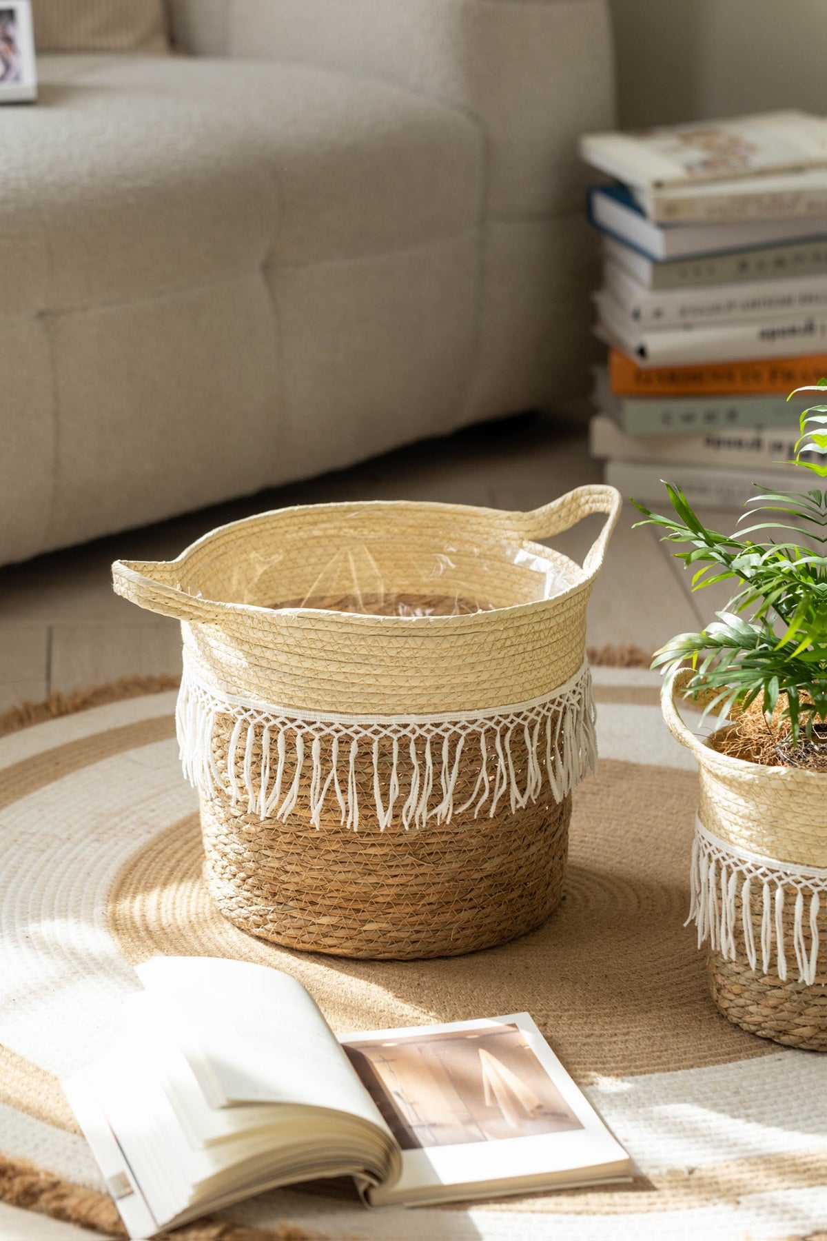 Cache-pot en osier tressé à franges macramé pour intérieur