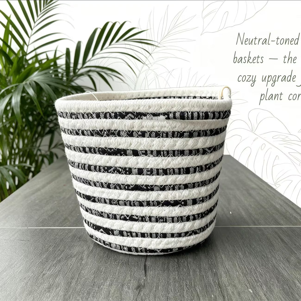 Cache-pot panier en corde de coton tressée, blanc et naturel