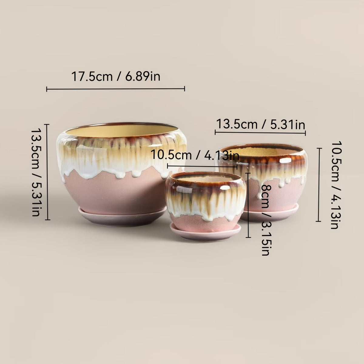 Pot de fleur en céramique rose émaillée avec soucoupe assortie