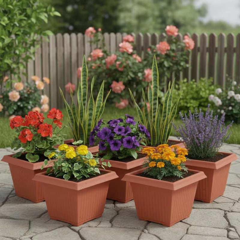 Lot de 6 pots de fleurs carrés 23x23x18 cm à trous de drainage, terracotta