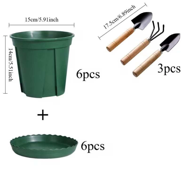 Pot de fleur vert plastique, lot de 6 avec soucoupes et outils