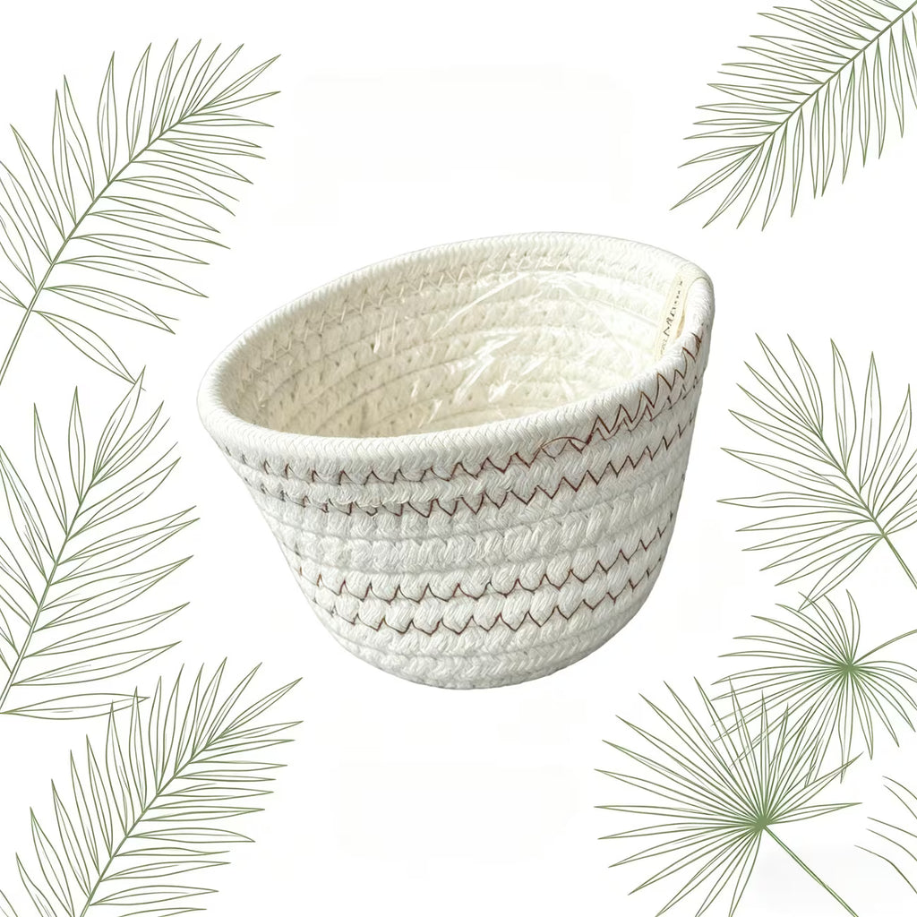 Cache-pot panier en corde de coton tressée, blanc et naturel