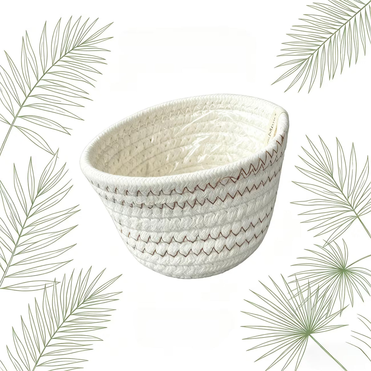 Cache-pot panier en corde de coton tressée, blanc et naturel