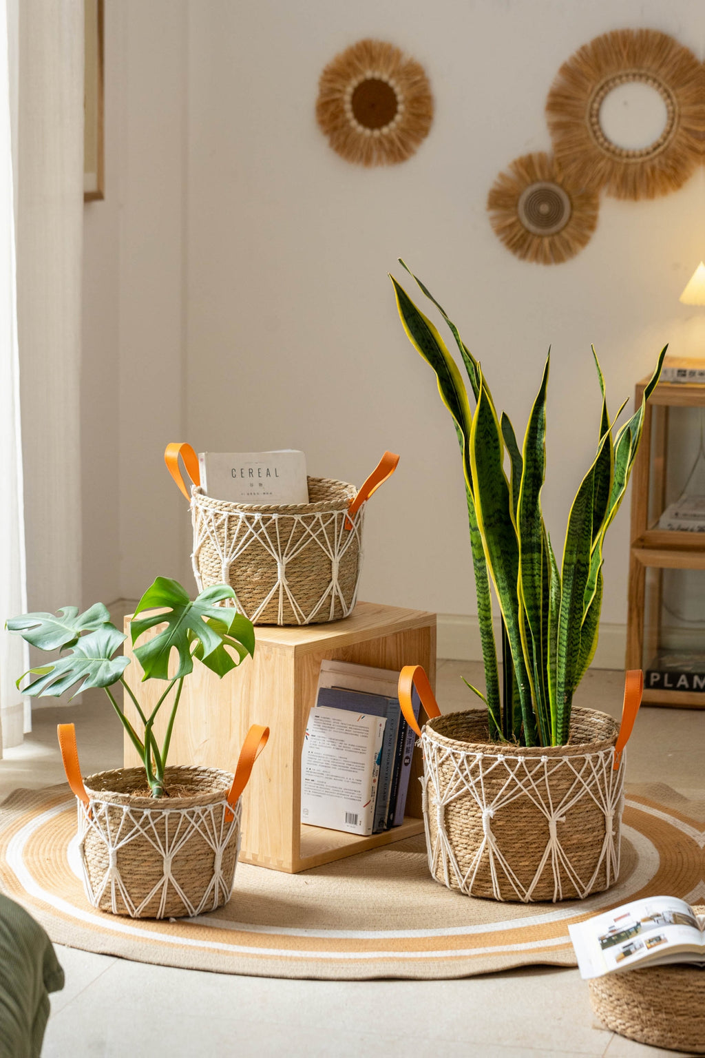 Cache-pot panier tressé à décor macramé Ø 25 cm, naturel