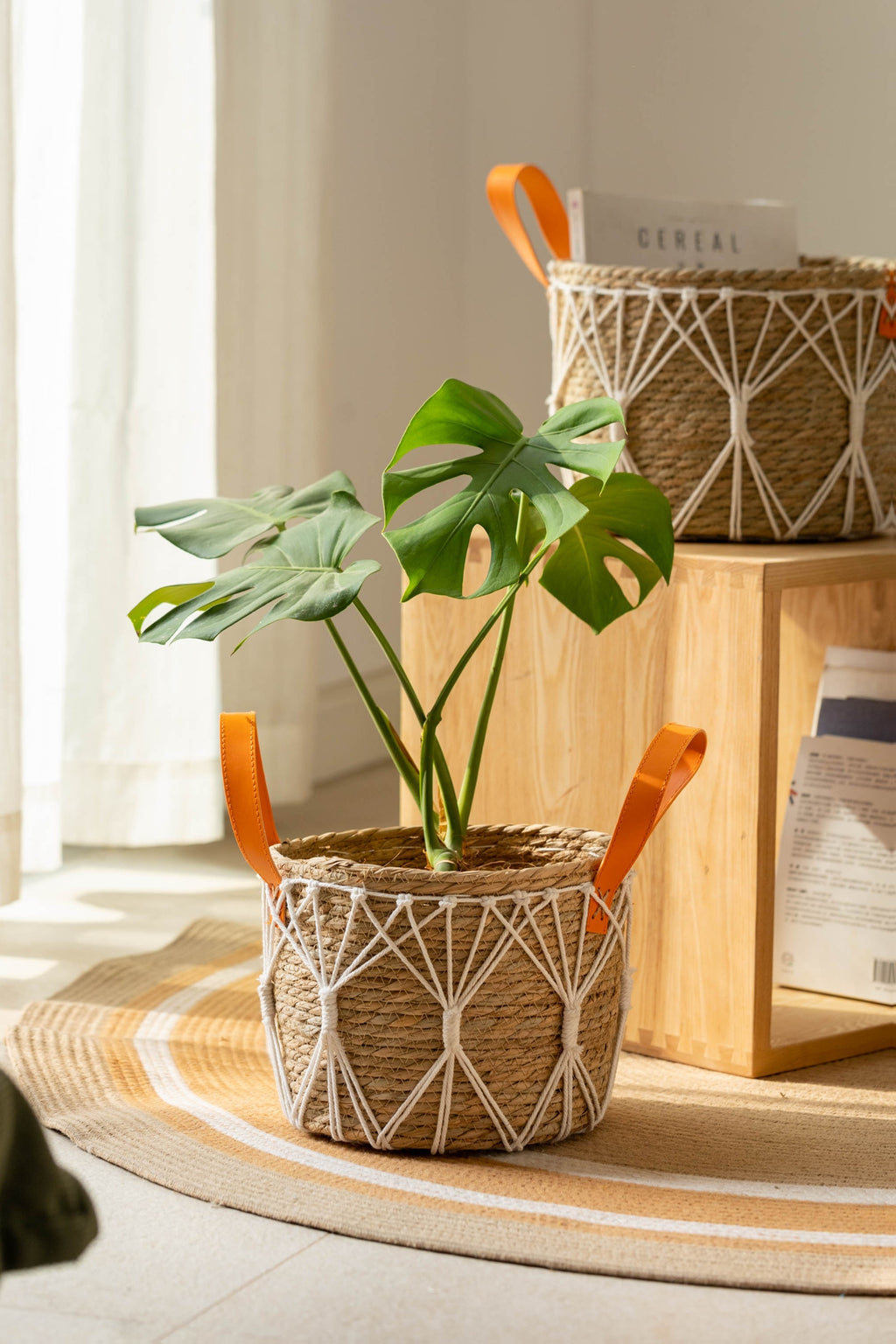Cache-pot panier tressé à décor macramé Ø 25 cm, naturel