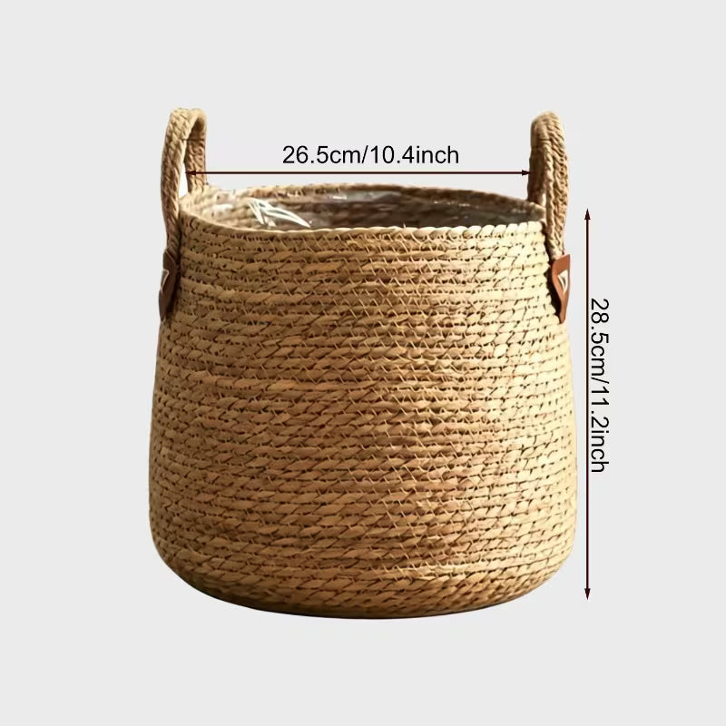 Cache-pot rond en fibre tressée à poignées, beige naturel
