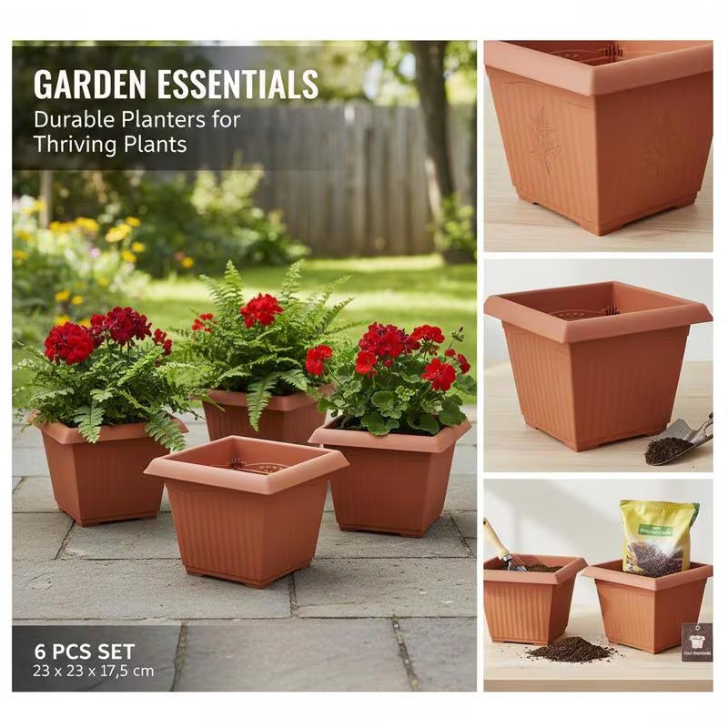 Lot de 6 pots de fleurs carrés 23x23x18 cm à trous de drainage