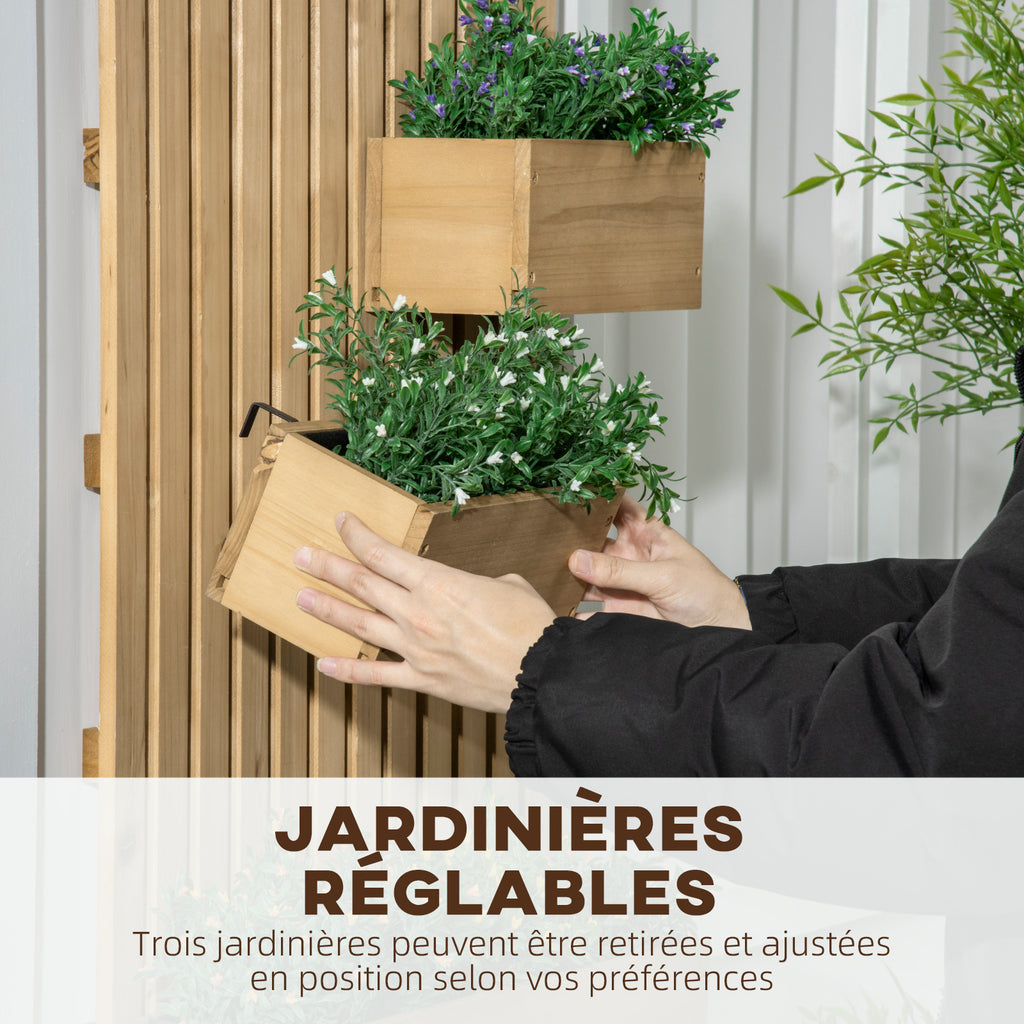 Jardinière murale en bois massif 60x16x80 cm, 3 bacs amovibles
