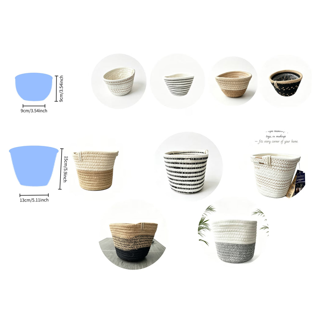 Cache-pot panier en corde de coton tressée, blanc et naturel