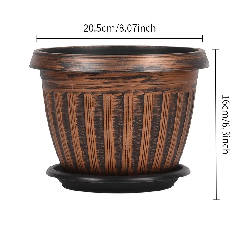 Pot de fleur extérieur vintage effet bois, lot de 6 soucoupes