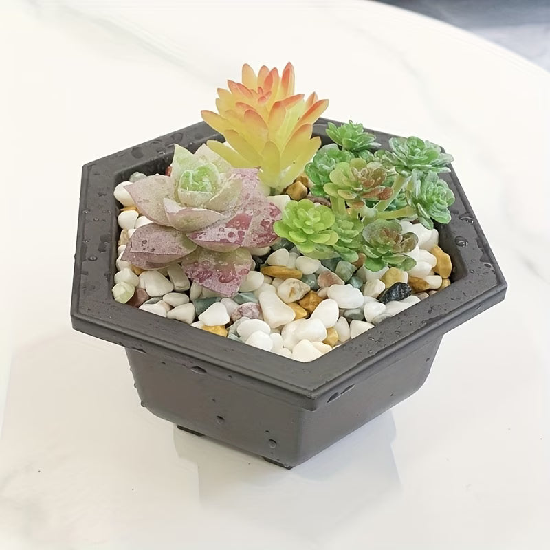 Pot de fleur hexagonal anthracite, lot de 5 avec soucoupes