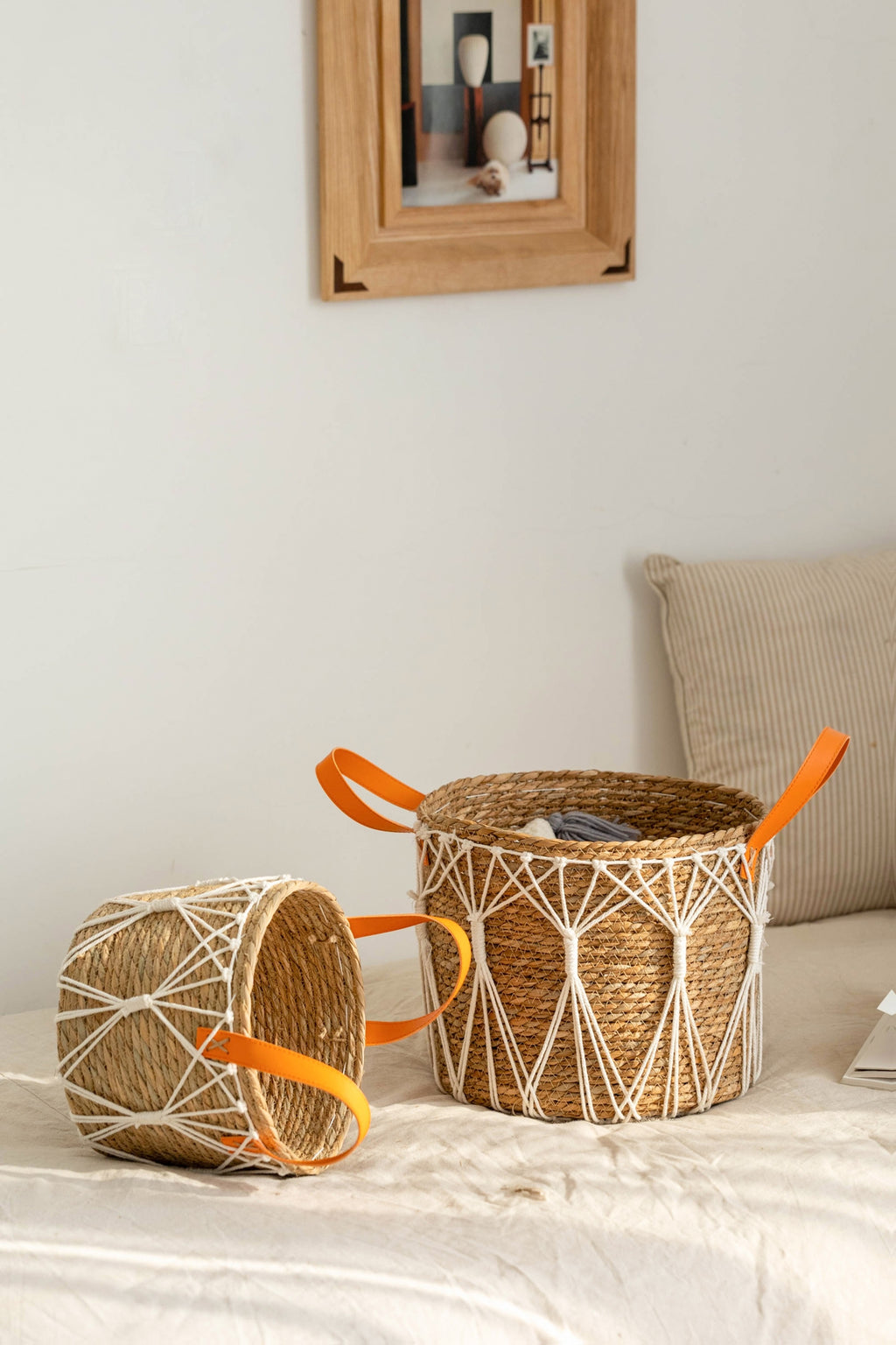 Cache-pot panier tressé à décor macramé Ø 25 cm, naturel