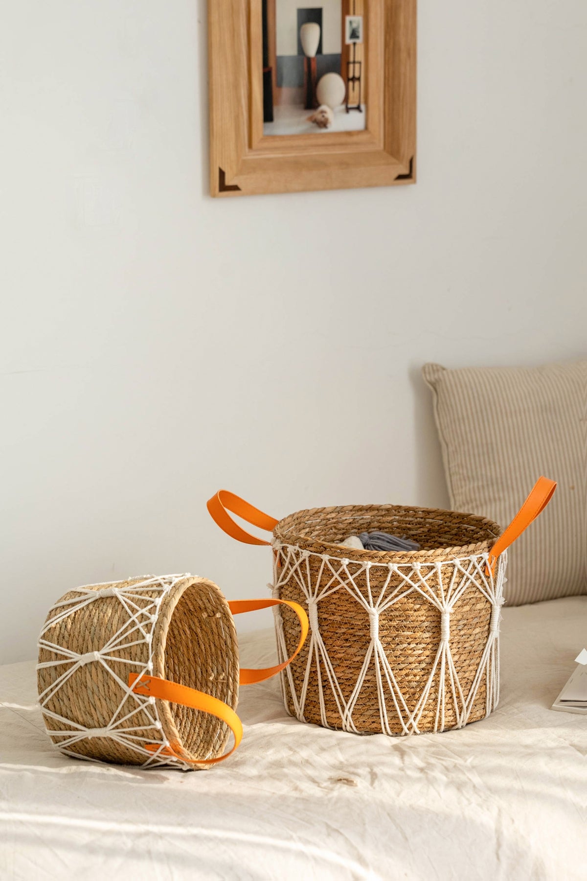 Cache-pot panier tressé à décor macramé Ø 25 cm, naturel