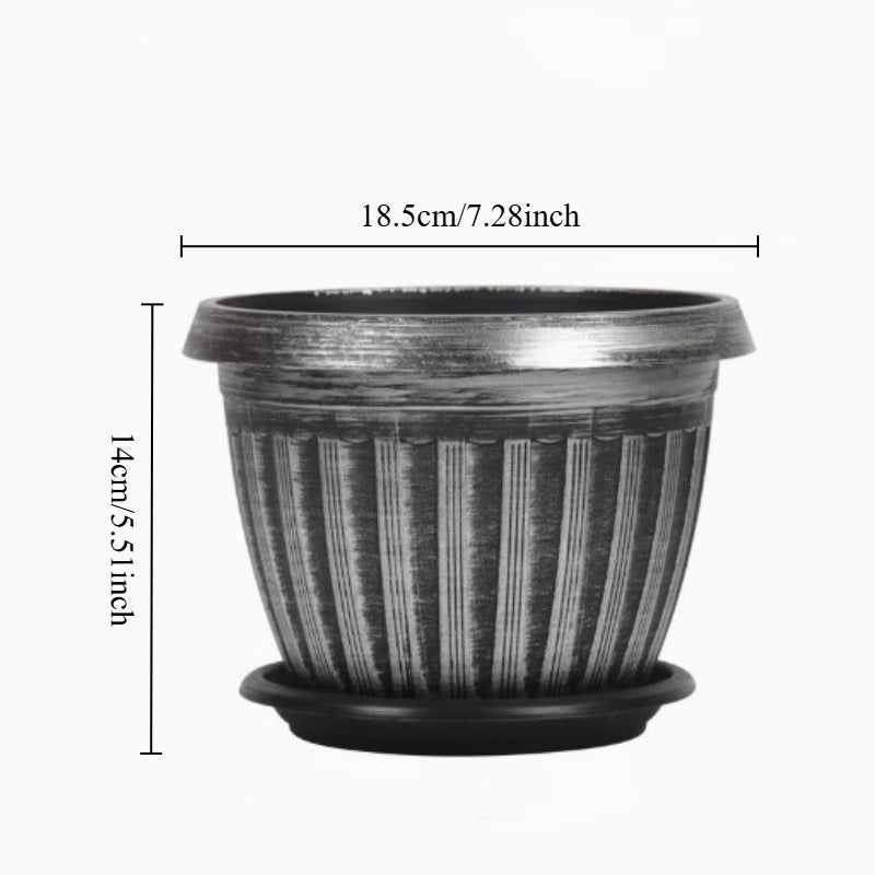 Pot de fleur plastique argenté vintage, lot de 5 avec soucoupes