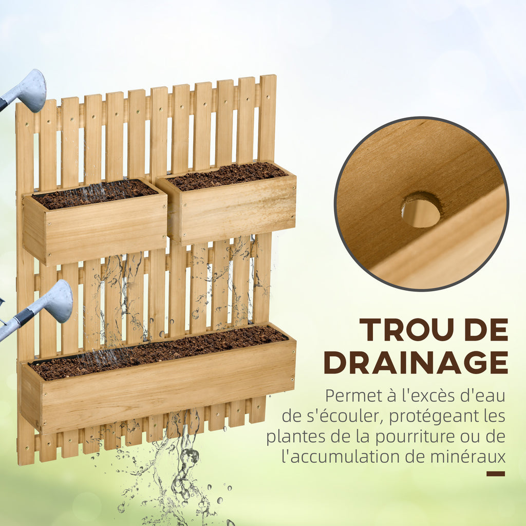 Jardinière murale en bois massif 60x16x80 cm, 3 bacs amovibles