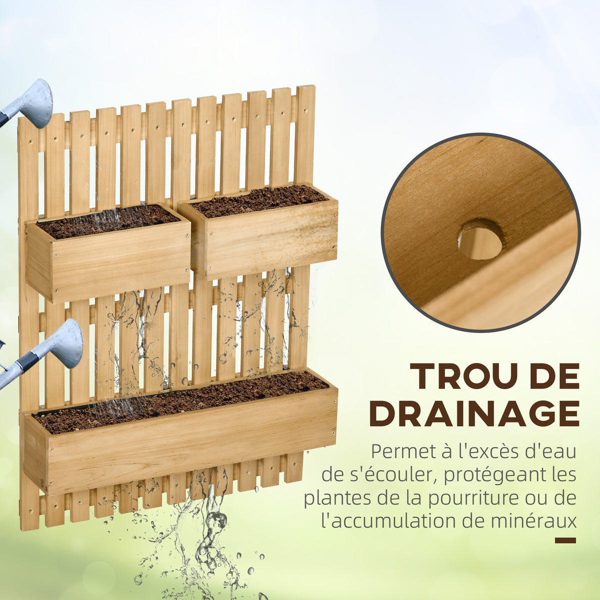 Jardinière murale en bois massif 60x16x80 cm, 3 bacs amovibles