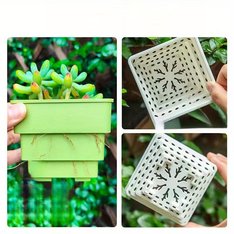 Pot de fleur carré ajouré blanc et vert, lot de 4 avec plateau