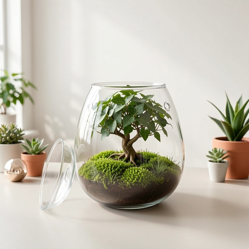 Pot de fleur en verre, rond pour bonsaï, mise en situation