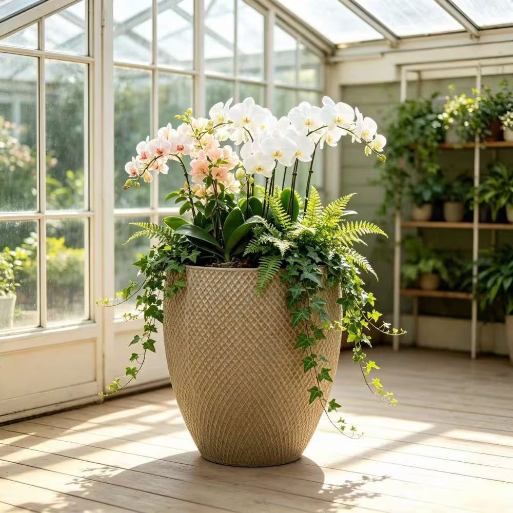 Pot de fleur extérieur XXL en céramique beige à relief losange