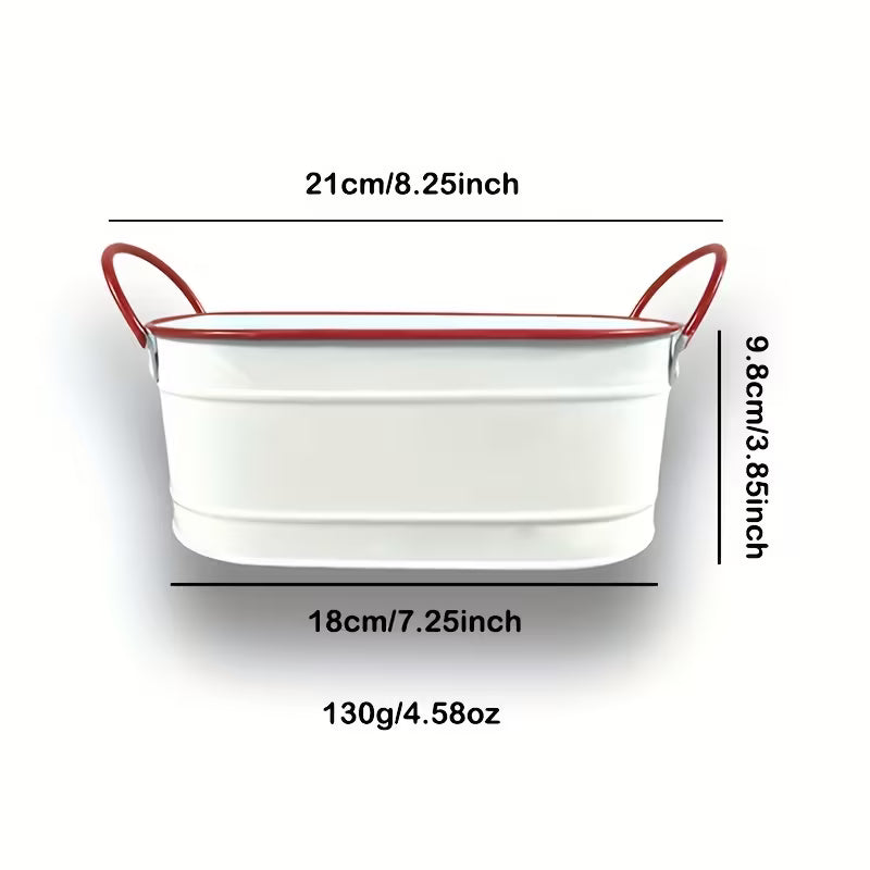 Cache-pot ovale en métal blanc, liseré rouge et double anse