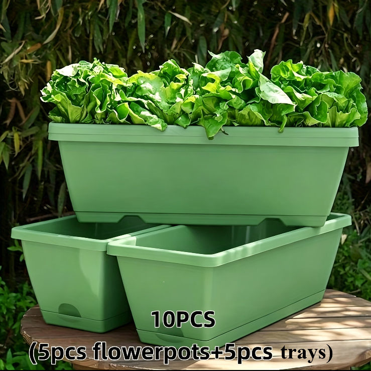 Jardinière rectangulaire verte en plastique, lot de 5 avec soucoupes