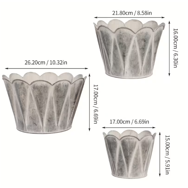 Cache-pot en métal gris vieilli, lot de 3 au bord pétale