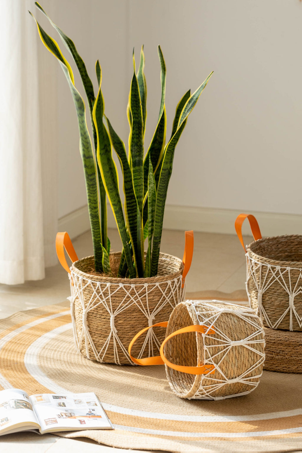 Cache-pot panier tressé à décor macramé Ø 25 cm, naturel