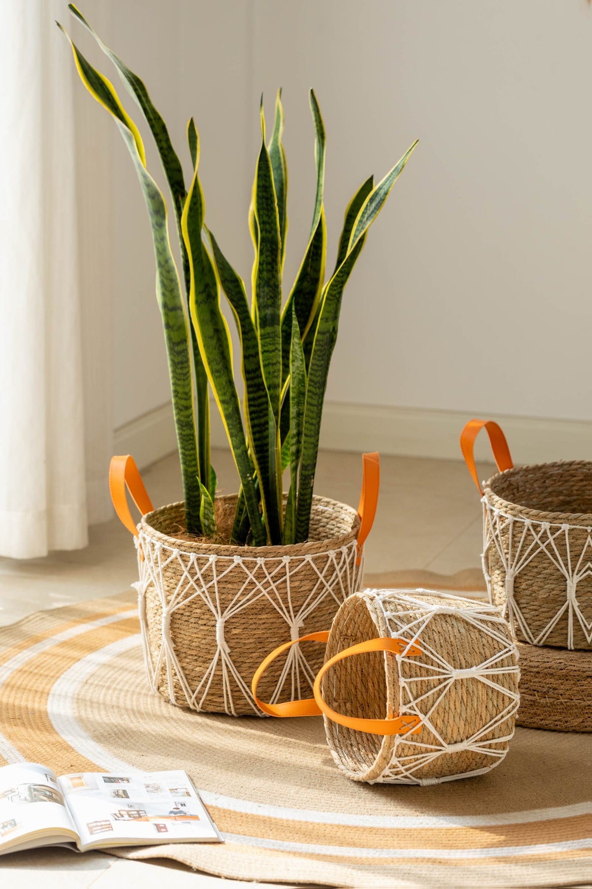 Cache-pot panier tressé à décor macramé Ø 25 cm, naturel