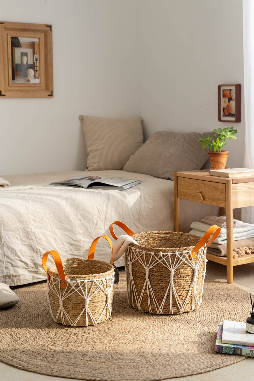 Cache-pot panier tressé à décor macramé Ø 25 cm, naturel