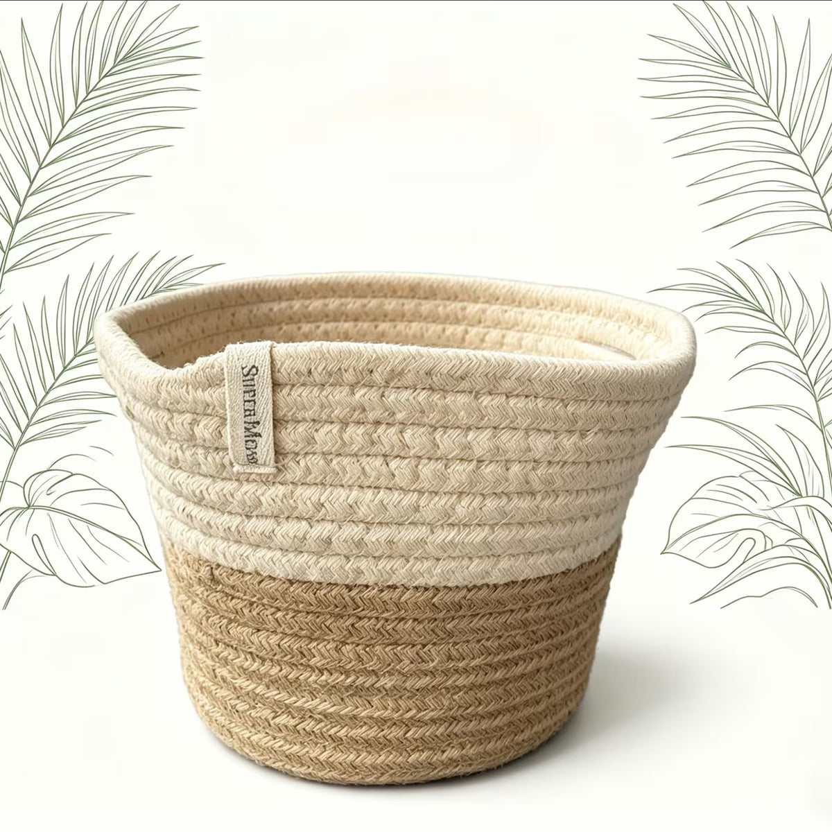 Cache-pot panier en corde de coton tressée, blanc et naturel