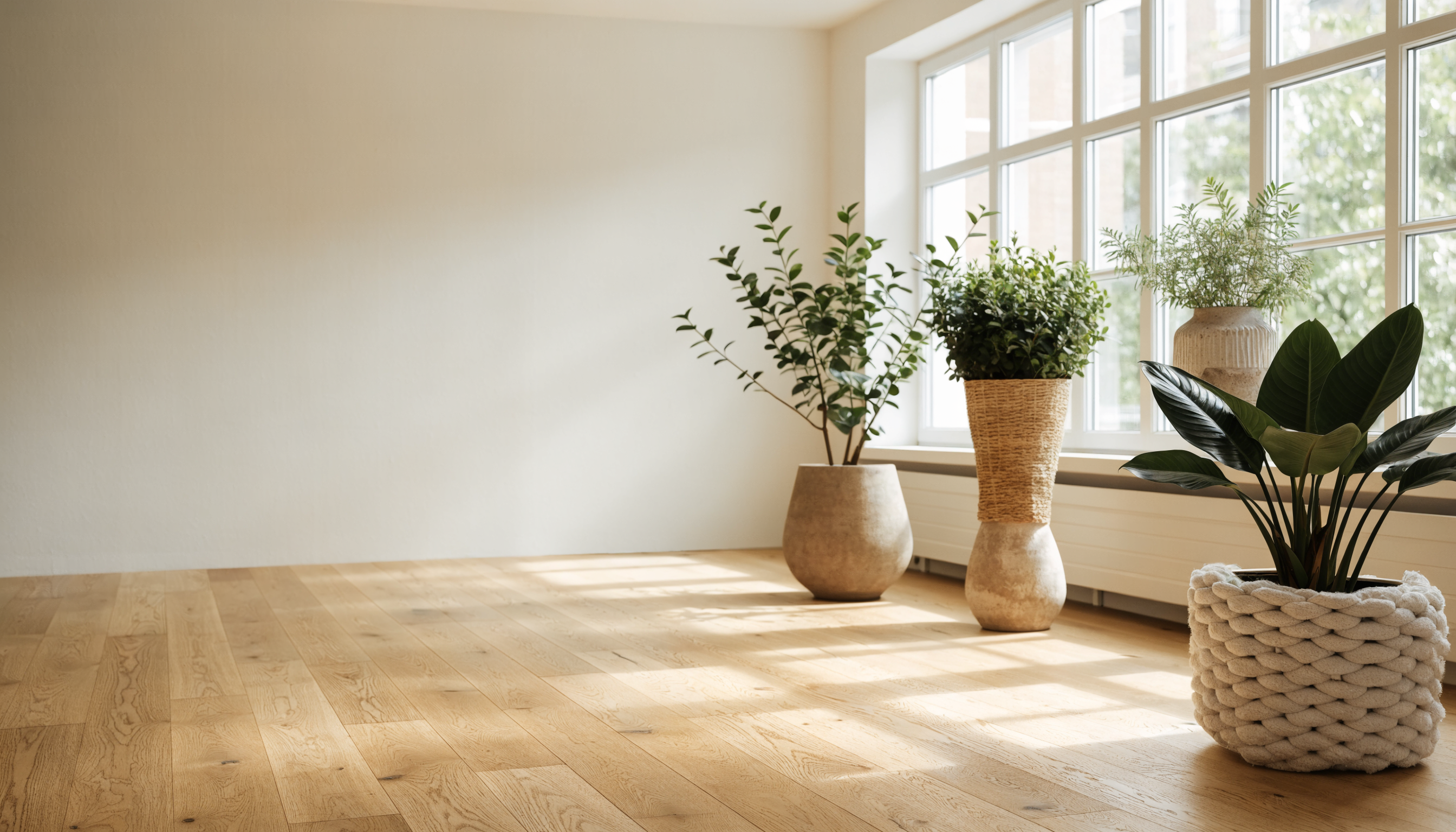 Plantes en cache-pots tressés et céramique dans un salon lumineux