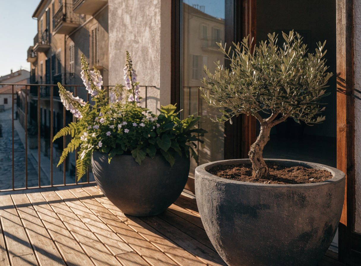 Terrasse avec de grands bacs plantés, olivier et fleurs Image