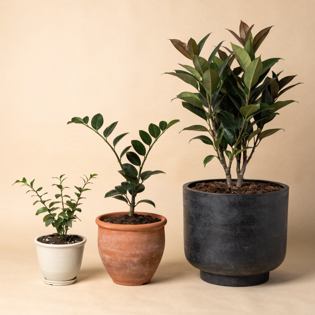 Pots de fleurs en trois tailles alignés sur fond neutre