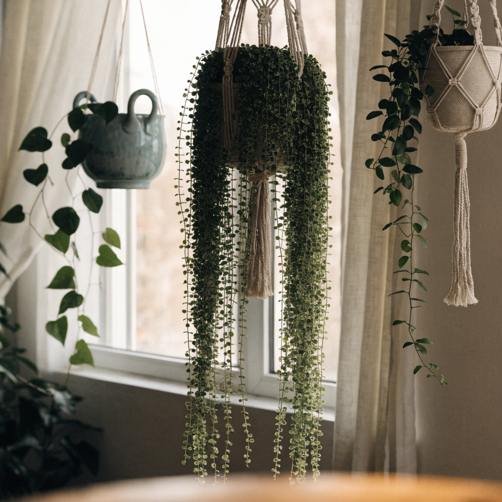 Plantes retombantes en pots suspendus près d une fenêtre
