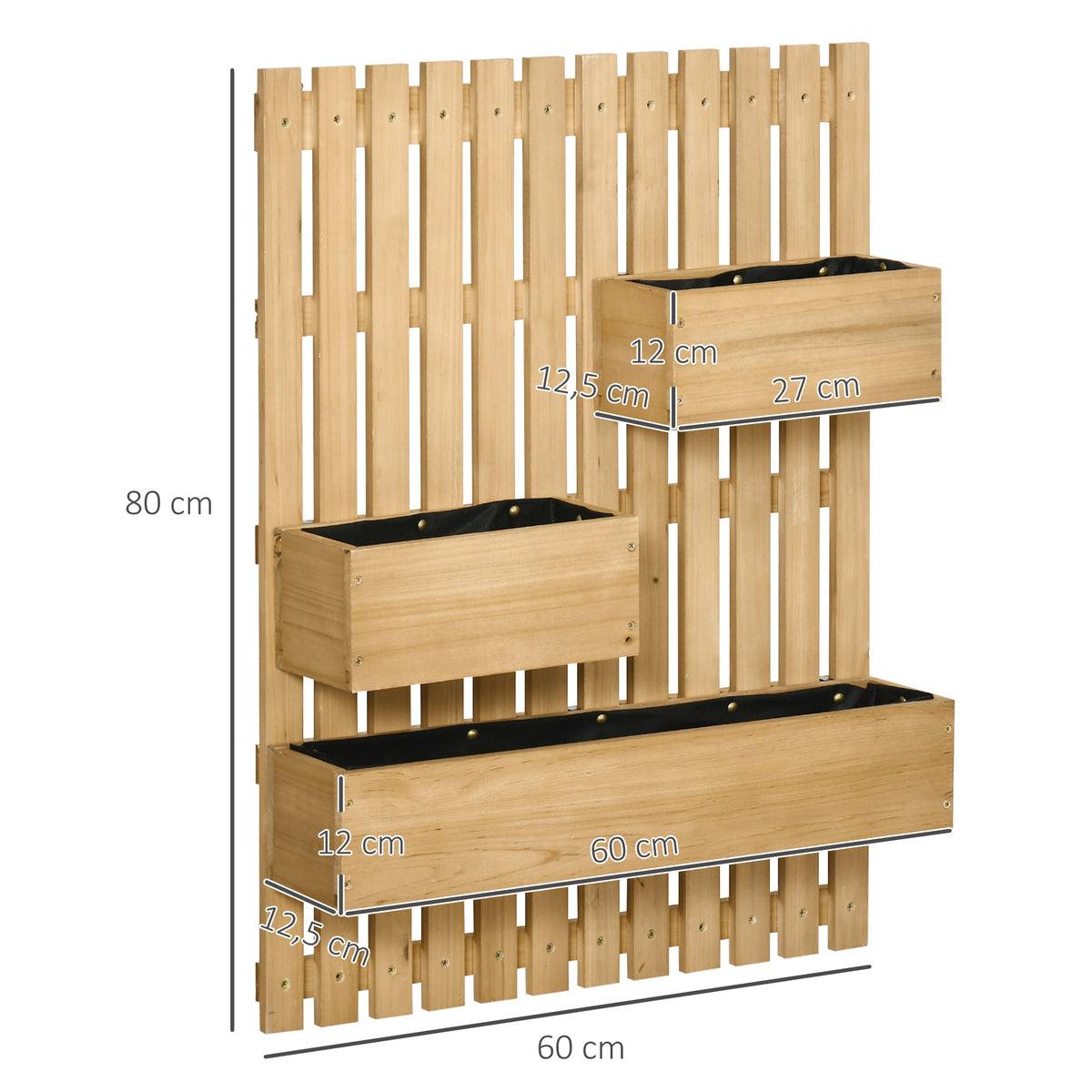 Jardinière murale en bois massif 60x16x80 cm, 3 bacs amovibles