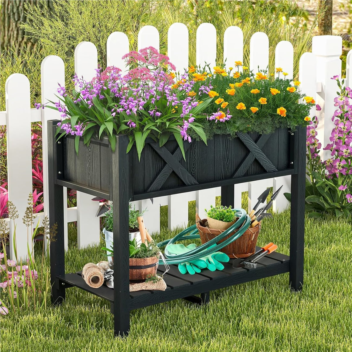 Jardinière sur pied noire effet bois pour terrasse et balcon