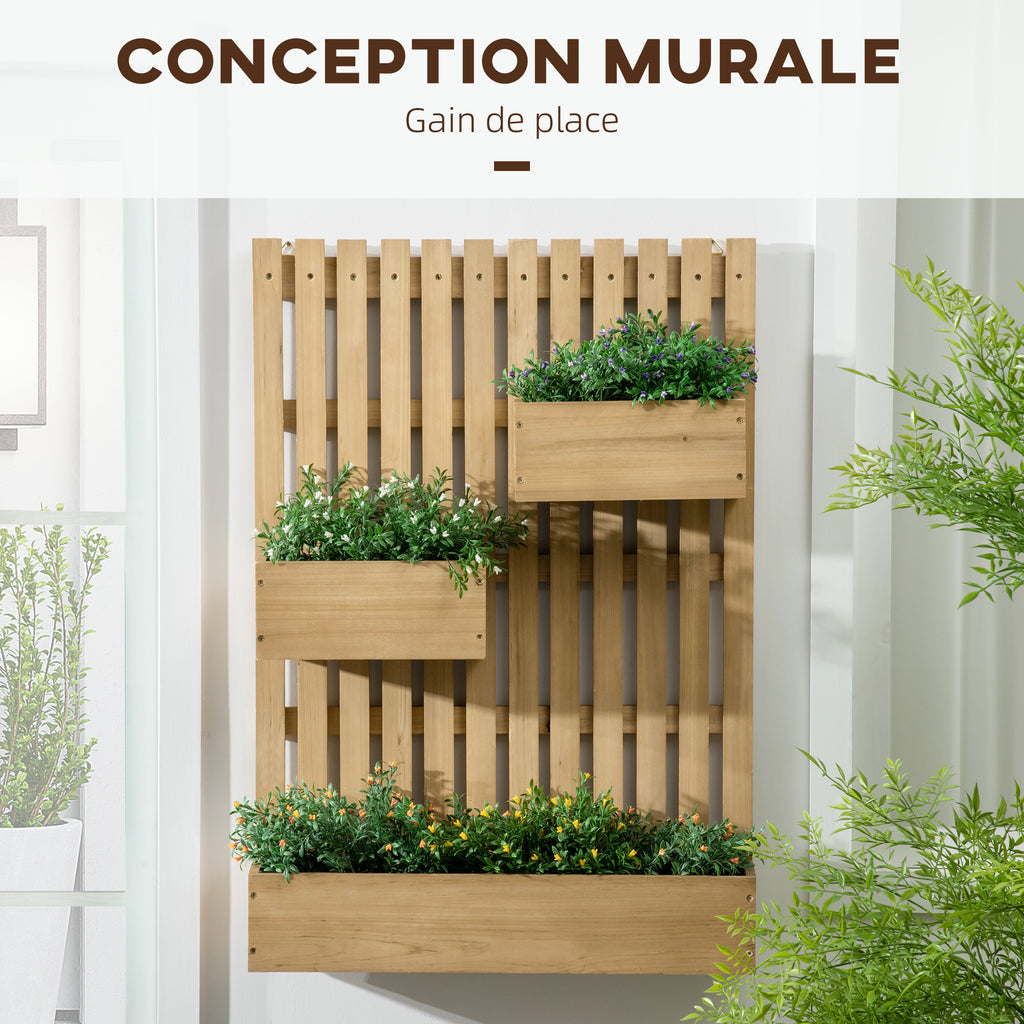 Jardinière murale en bois massif 60x16x80 cm, 3 bacs amovibles