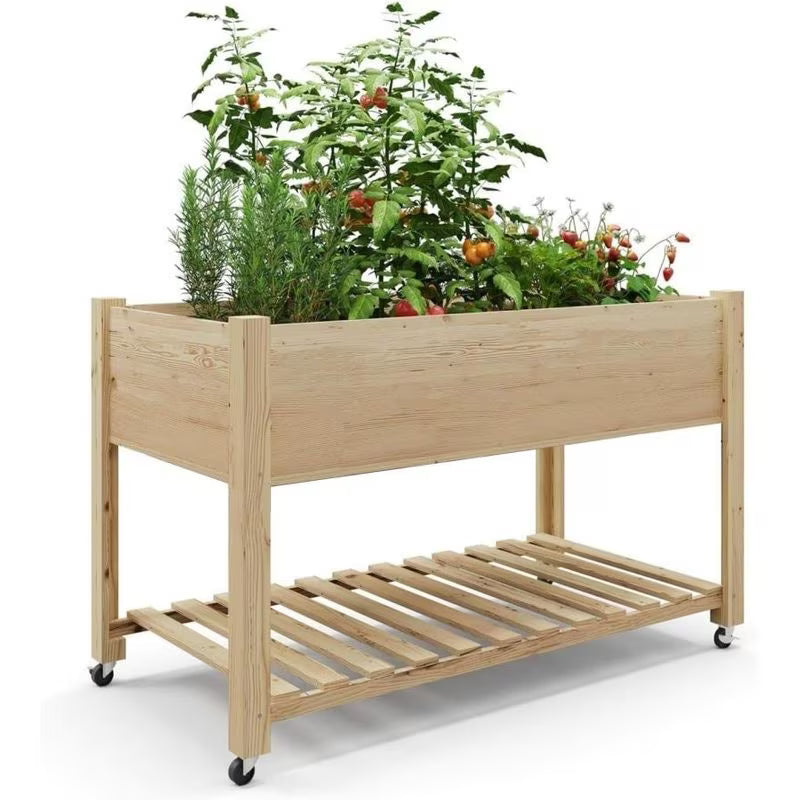 Jardinière en bois sur pied à roulettes avec étagère basse