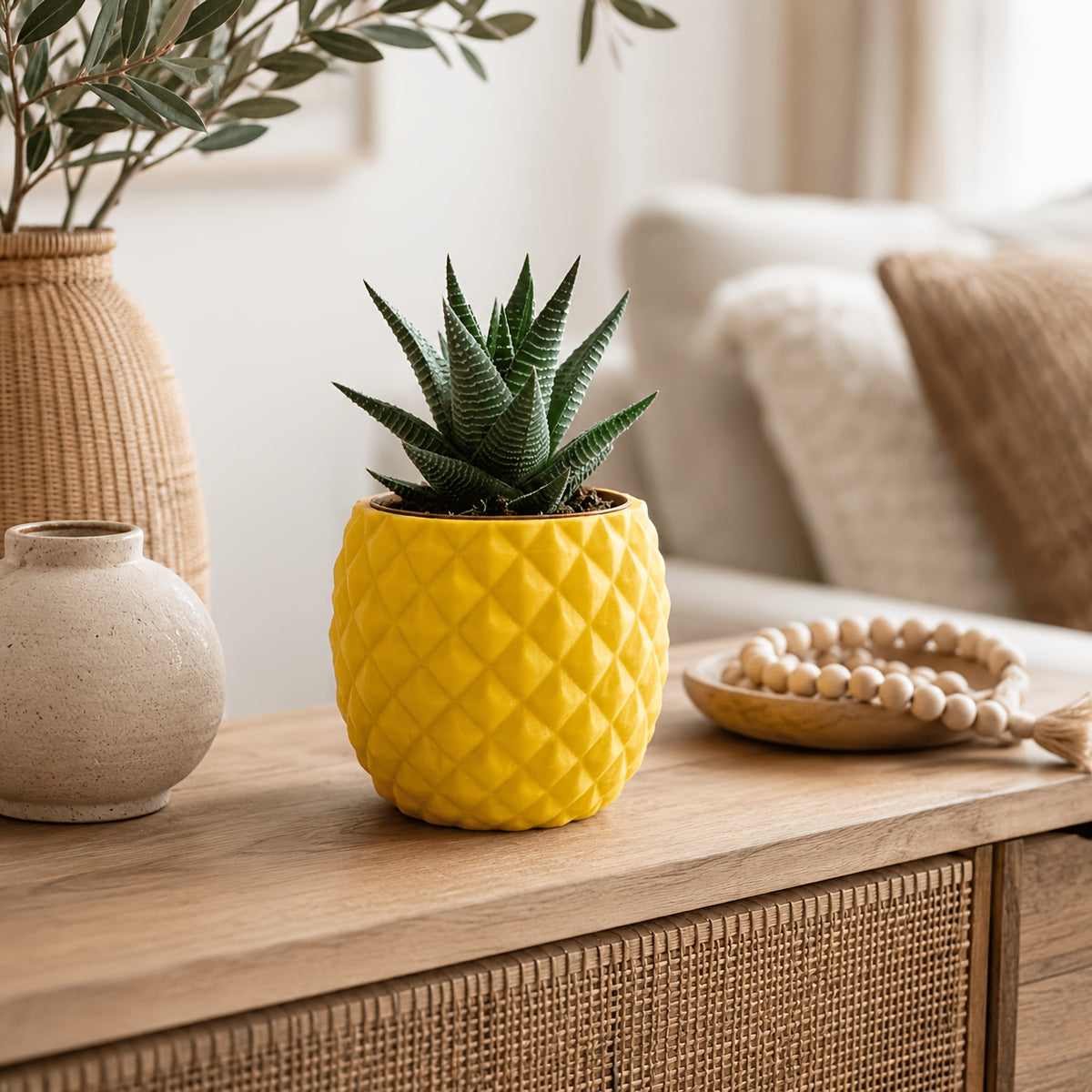Cache-pot ananas jaune Ø 8 cm pour bureau et succulentes