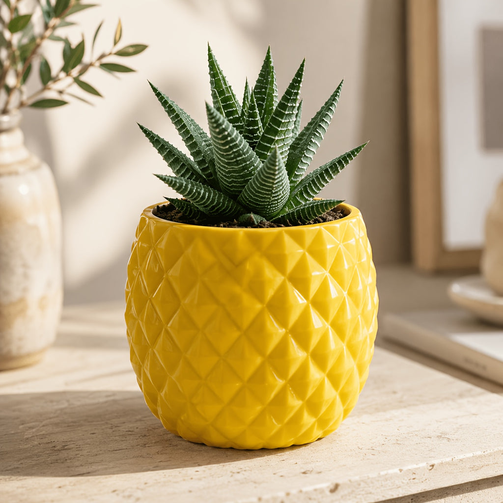 Cache-pot ananas jaune Ø 8 cm pour bureau et succulentes