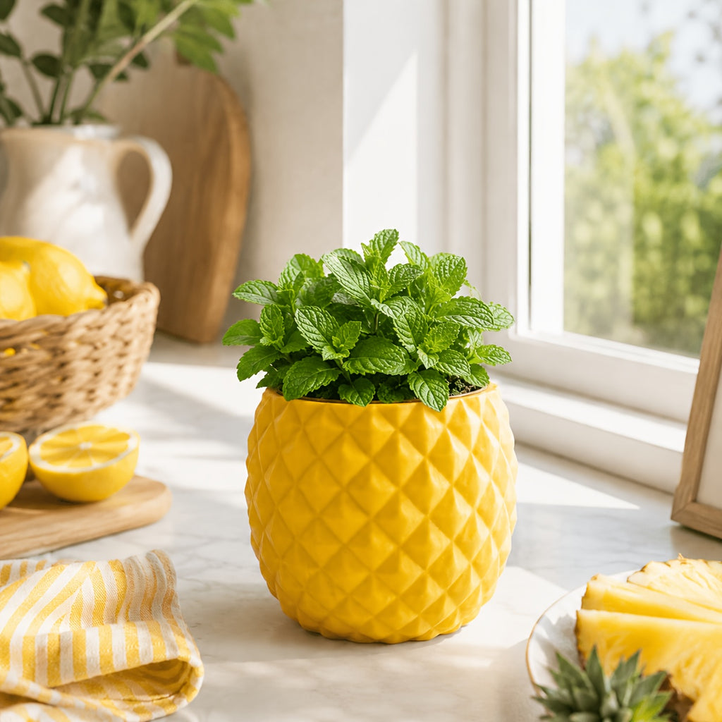 Cache-pot ananas jaune Ø 8 cm pour bureau et succulentes