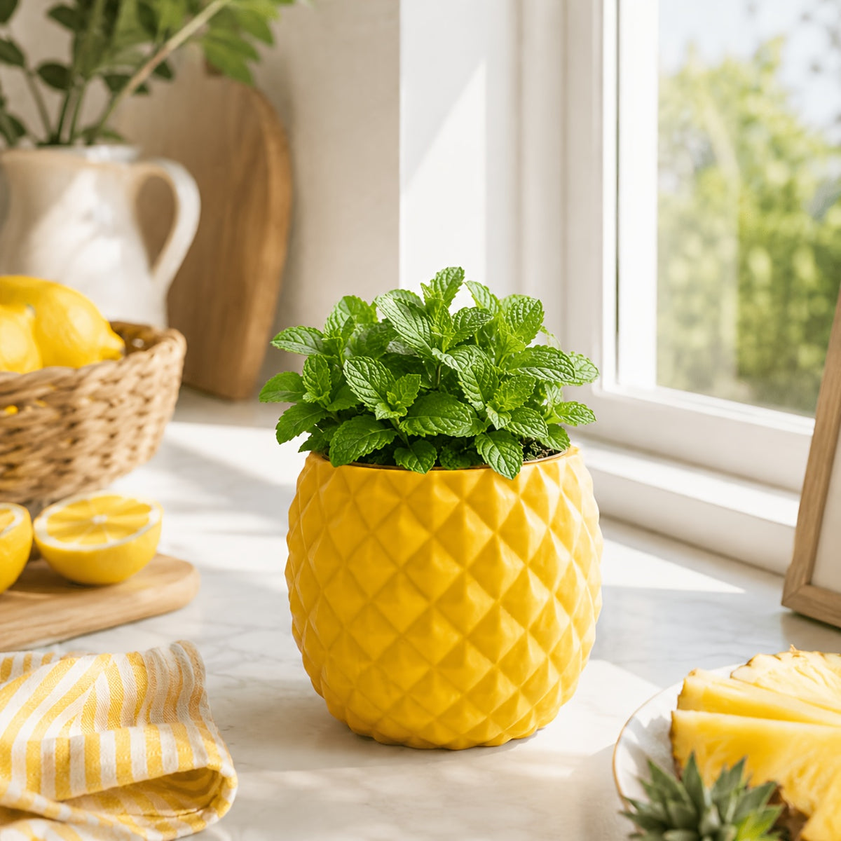 Cache-pot ananas jaune Ø 8 cm pour bureau et succulentes