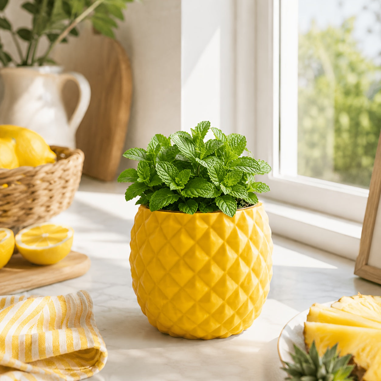 Cache-pot ananas jaune Ø 8 cm pour bureau et succulentes Image